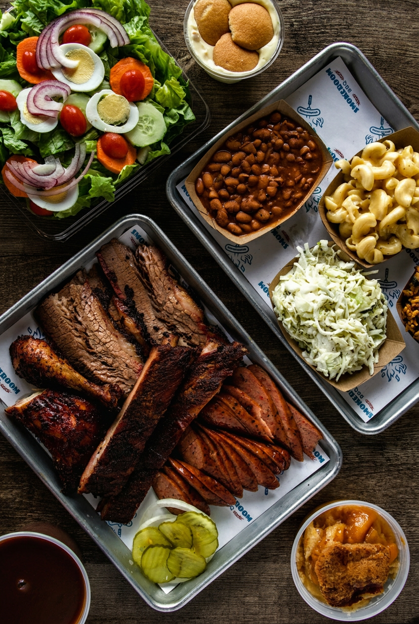 Houston food and beverage photography of a Texas barbecue feast with brisket, ribs and sausage