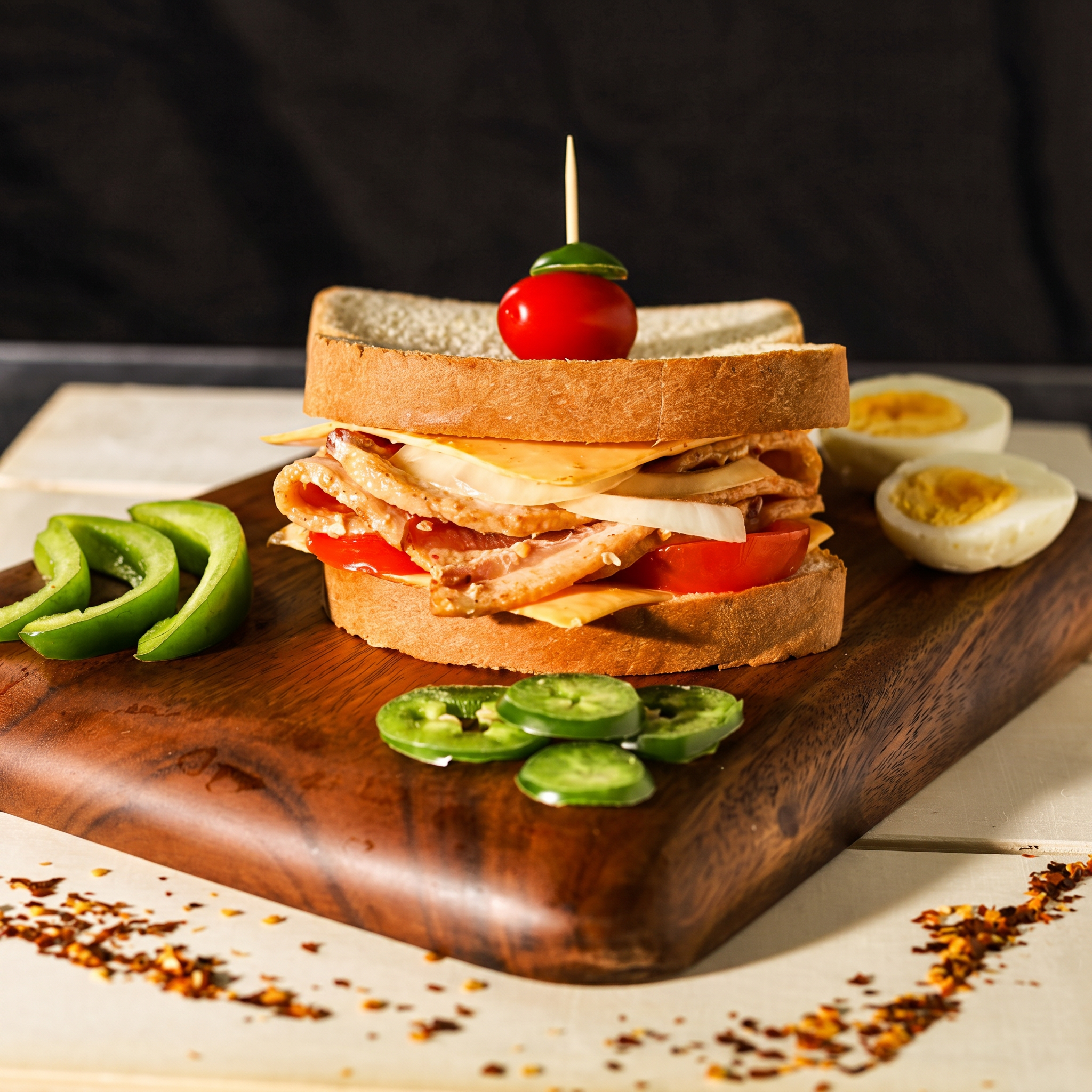 Houston food photography of a stacked club sandwich with bacon, cheese and tomato on a wooden board