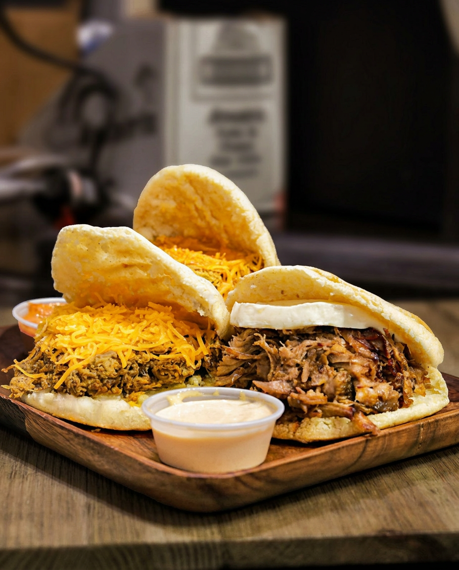 Houston food photographer image of Venezuelan arepas with shredded beef, cheese and dipping sauces