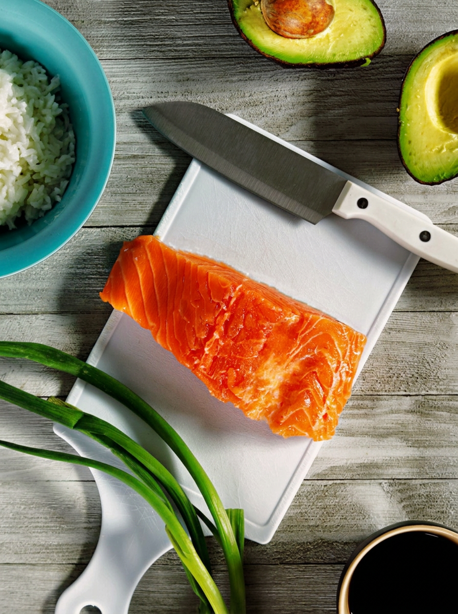 Houston food photography flat lay of fresh salmon fillet with rice, avocado and scallions for sushi