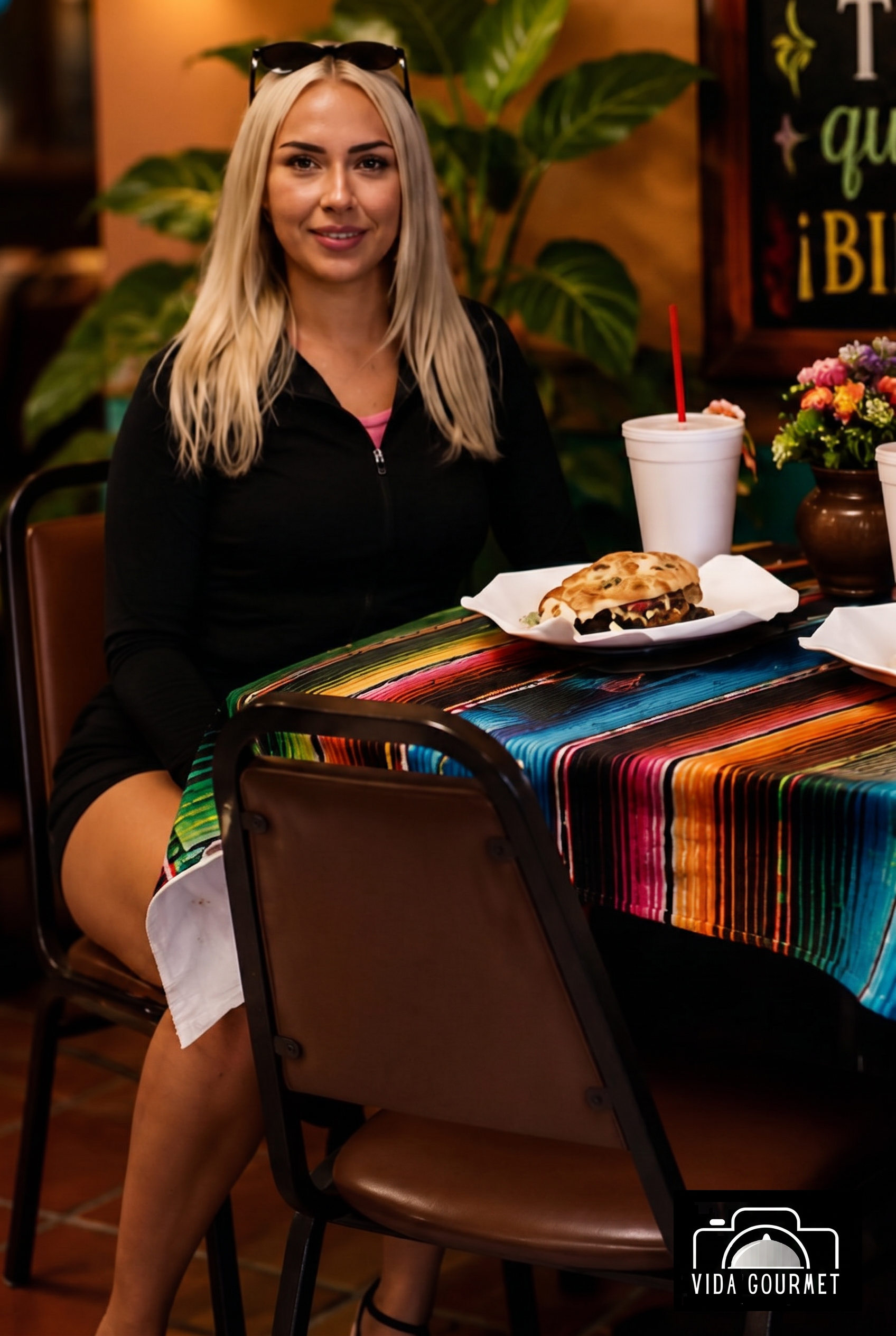 Houston restaurant lifestyle photography of a guest enjoying a gourmet burger at a colorful table