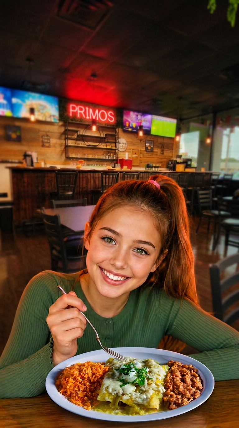Houston restaurant lifestyle photography of a smiling guest enjoying enchiladas verdes with rice and beans