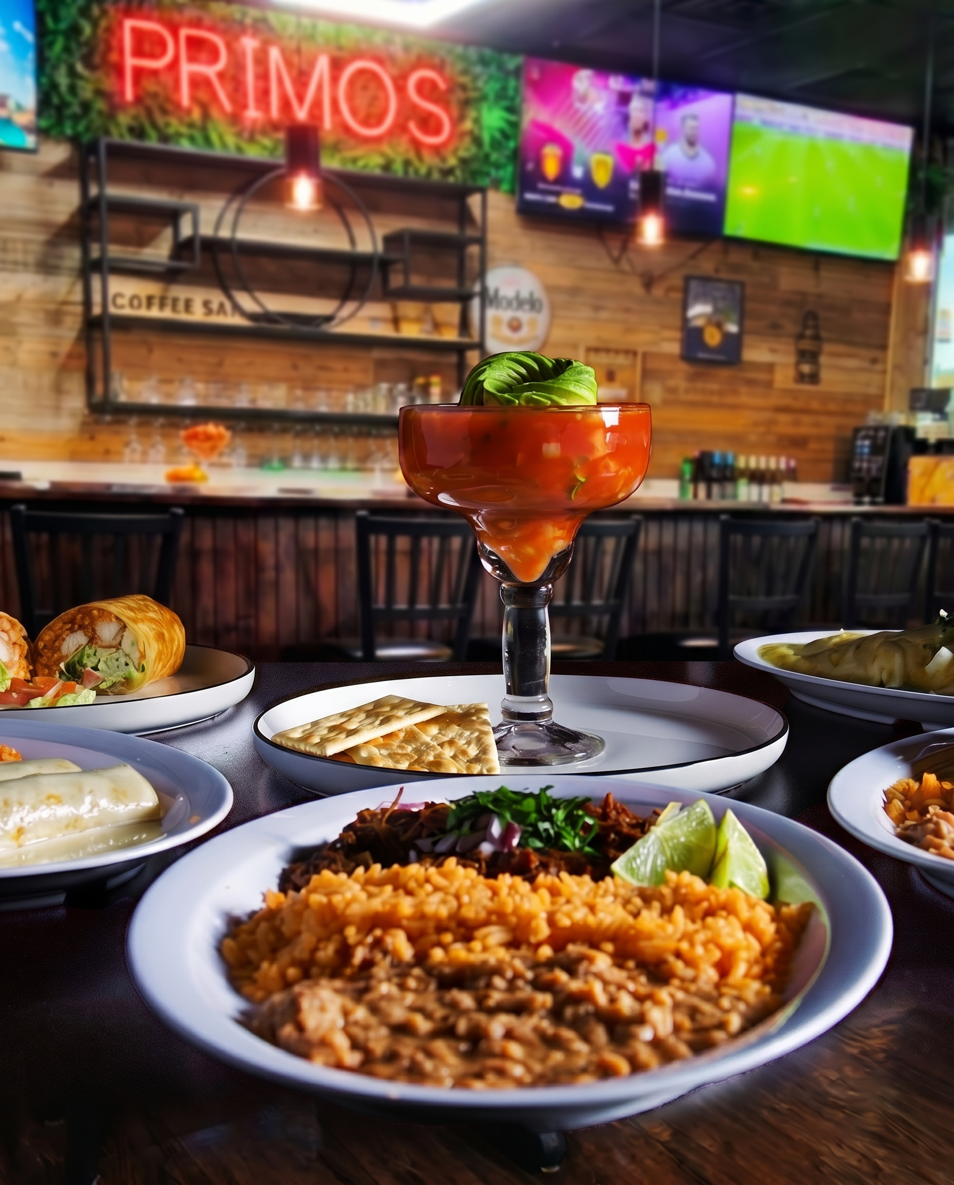 Houston food and beverage photography of a Mexican shrimp cocktail in a margarita glass with a birria plate, rice and beans at a bar